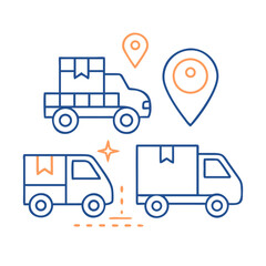 Professional delivery trucks icon set with location pins, transparent background