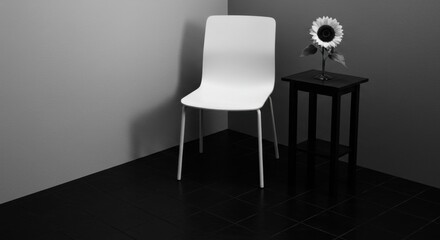 A Monochrome Interior Corner with Black Tile Floor, White Wall-Hung Chair, and Narrow Pedestal