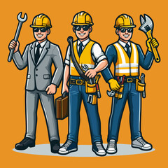 Detailed Vector Illustration of Builder Mascot Character Holding Tools Wearing Safety Vest and Helmet for Construction Job Logo Manual Worker Repair Branding Company Visual Design