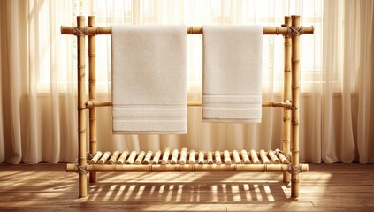 Bamboo towel rack with two towels