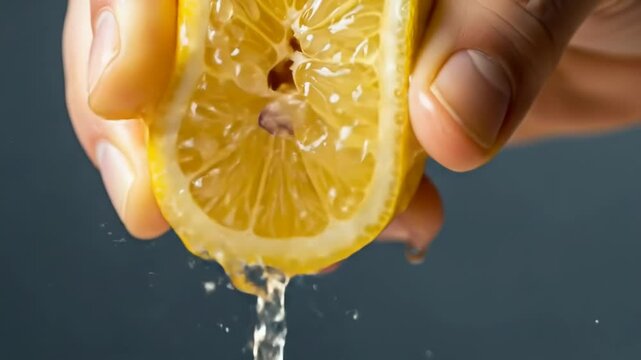 Fresh lemon juice extraction with hands squeezing citrus slice against dark background