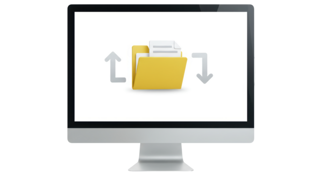 Isolated Computer Monitor with Folder and File Transfer Arrows - Powered by Adobe