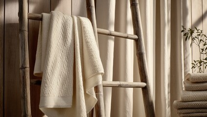 Beige towels draped on bamboo ladder