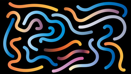 Colorful abstract curved lines on a black background. The gradient strokes create a dynamic and modern art composition, ideal for digital or graphic design.