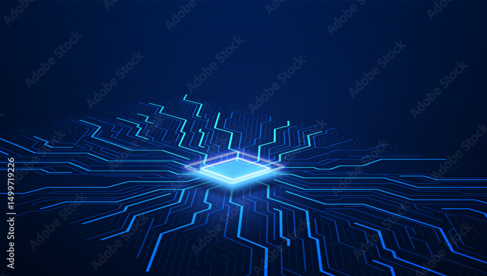 Poster abstract technology chip processor background circuit board and html code,3d illustration blue techn