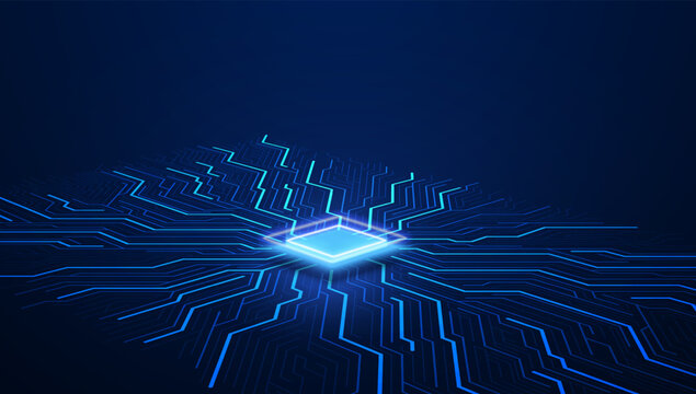 Abstract technology chip processor background circuit board and html code,3D illustration blue technology background vector.