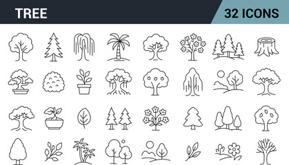 Tree Line Editable Icons Set. Includes Forest, Fruit Trees, Bonsai, Bushes, Palm, Leaves, Nature Landscape, and More. Vector Illustration.