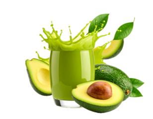 Avocado juice splashing out of glass Isolated white background.