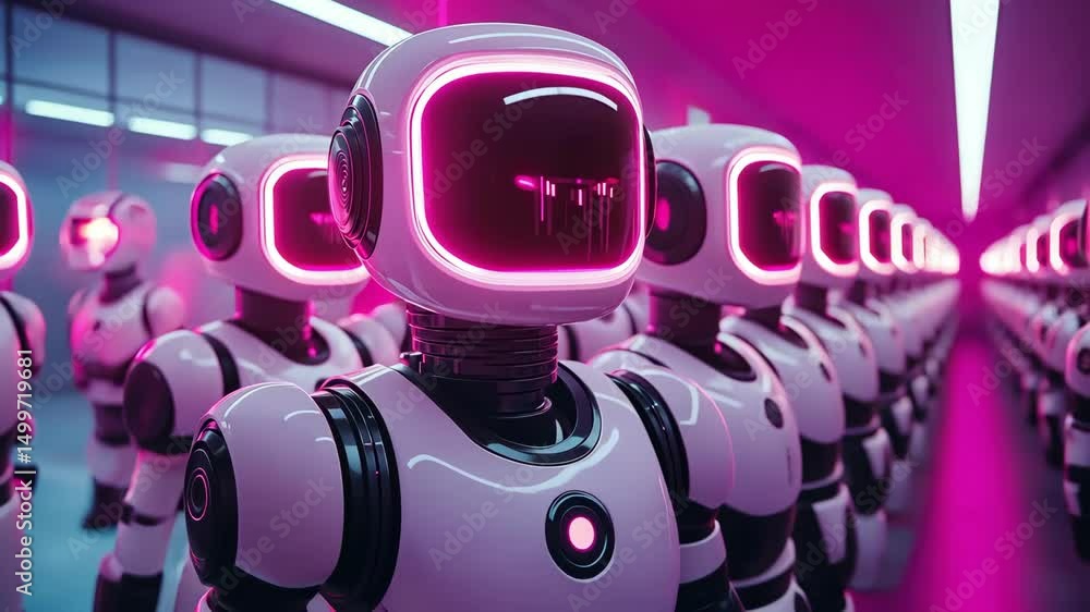 Aufkleber futuristic robots standing in illuminated corridor, advanced technology and automation concept