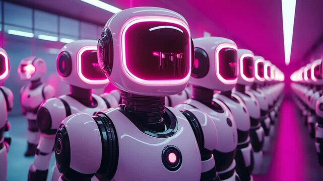 Futuristic robots standing in illuminated corridor, advanced technology and automation concept