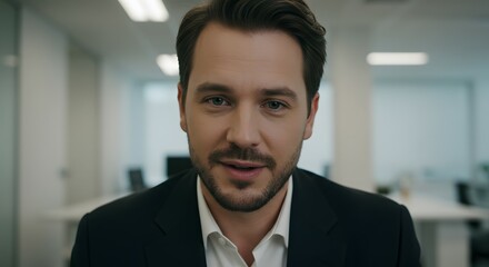 Fototapeta premium Confident Businessman, Professional Portrait, Corporate Headshot, Serious Expression, Office Background