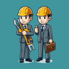 Vector Mascot Character of Builder Holding Hammer in Yellow Hardhat and Orange Vest Smiling in Cartoon Style for Construction Company Identity Logo Branding Repair Manual Worker Design