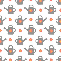 Seamless Pattern with Watering can and Flower. Garden background. Vector flat illustration.