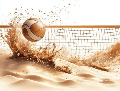 A volleyball splashes into the sand near a net, capturing the dynamic action of a beach volleyball game.