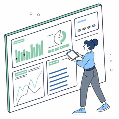 Woman reviewing data analytics dashboard charts graphs