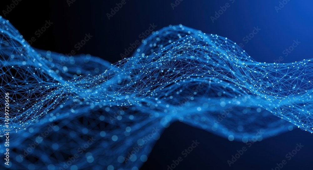 Poster abstract blue network mesh digital waveform, data flow visualization