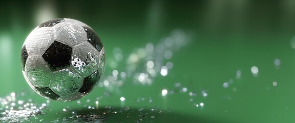 A dazzling soccer ball styled like a disco ball, suspended in motion with a glittering trail on a vibrant green background. 