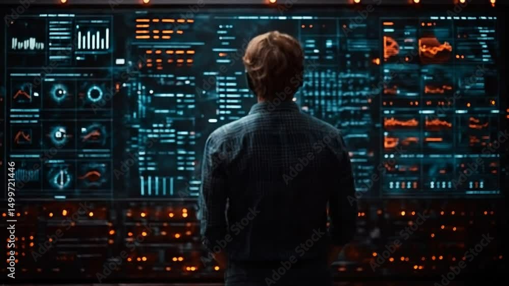 Poster a male analyst studies towering digital dashboards glowing with blue and amber metrics in a dark con