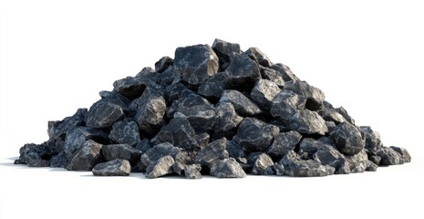 A pile of dark gray rocks against a white background
