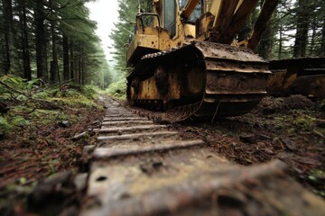 Fototapeta premium Muddy bulldozer track leading into a deep forest industrial intrusion into wilderness