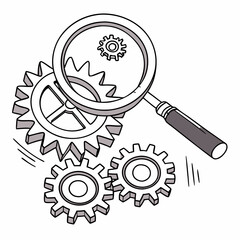Magnifying glass examining interlocking gears mechanism teamwork