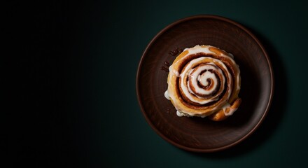 Overhead Shot of a Glazed Cinnamon Roll on a Dark Plate