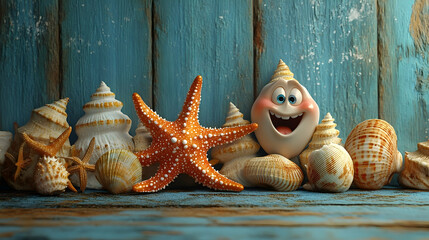 A collection of seashells and starfish, with a cheerful seashell character.