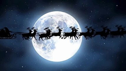 Silhouette of santa's reindeer sleigh flying across full moon night sky - Powered by Adobe