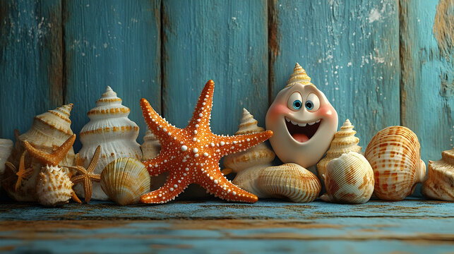 A collection of seashells and starfish, with a cheerful seashell character.