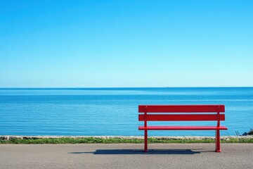 Obraz premium Red bench near water under blue sky on a white background