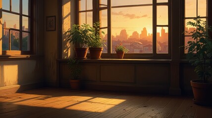 Fototapeta premium Indoor plants near window with city view at sunset home decor living space design