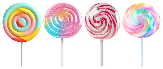 PNG Four colorful lollipops with swirled patterns on sticks element set on transparent background.