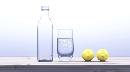 Sparkling Water with Lemons, and Glass Bottle.