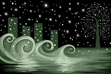 Night cityscape with waves and stars