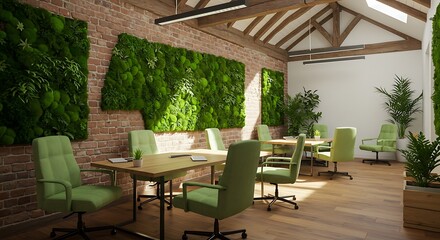Fototapeta premium Verdant office space with conference tables