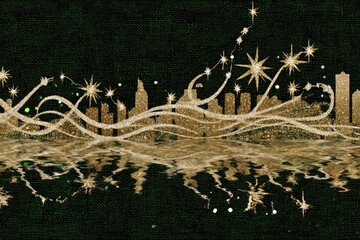 Golden city skyline with sparkling fireworks reflection on dark green background