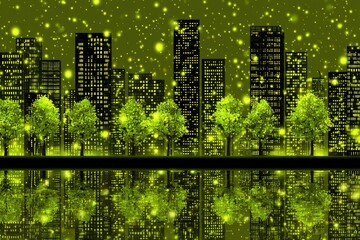 Cityscape at night, glowing green