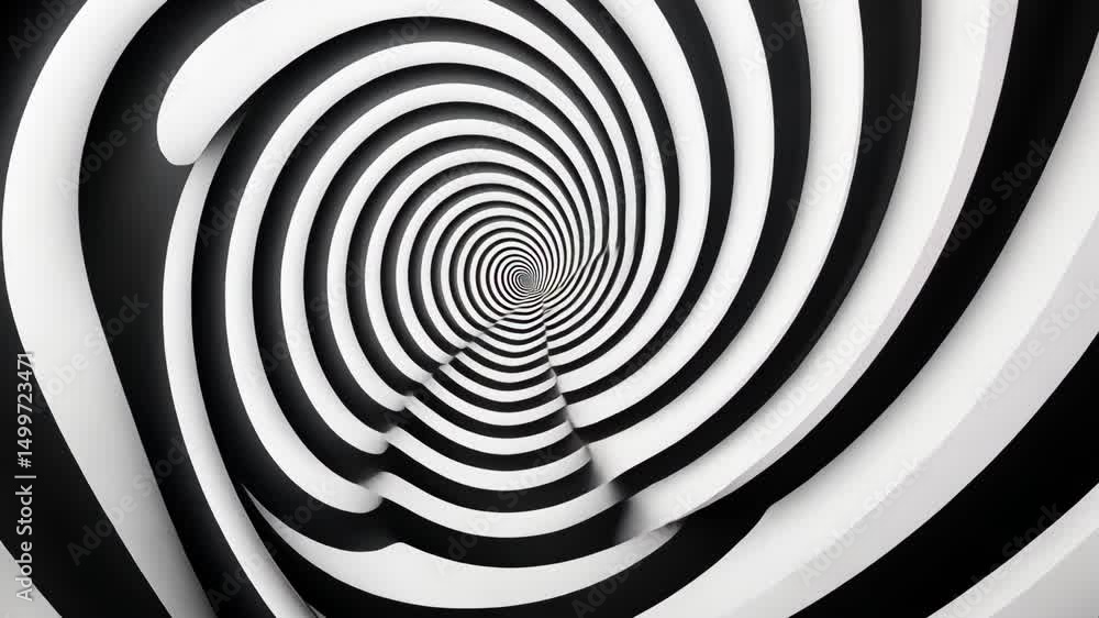 Poster black and white striped concentric circles creating an optical illusion, abstract pattern.