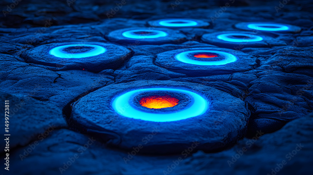 Poster abstract image of glowing blue circles embedded in dark, textured rock, creating a futuristic or oth