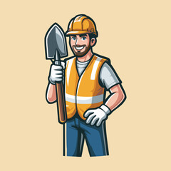 Cartoon Construction Worker Mascot Character with Yellow Helmet and Tool Belt Holding Wrench and Smiling for Builder Logo Design Site Repair Branding Manual Labor Job Project Illustration