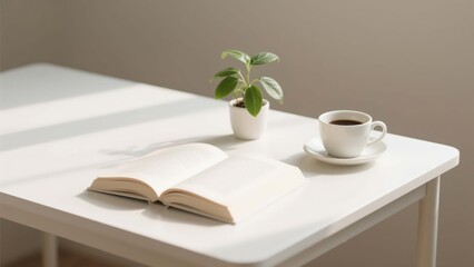 Open book coffee plant minimalist table setting