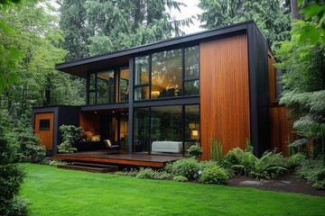 Modern house with lawn and trees on a white background
