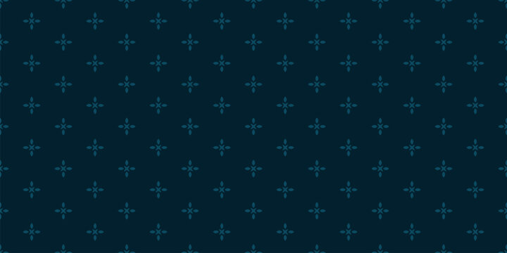 Vector floral minimalist seamless pattern. Abstract minimal geometric ornament with flowers in oriental style. Simple dark teal blue background. Subtle geo texture. Repeating design for decor, textile