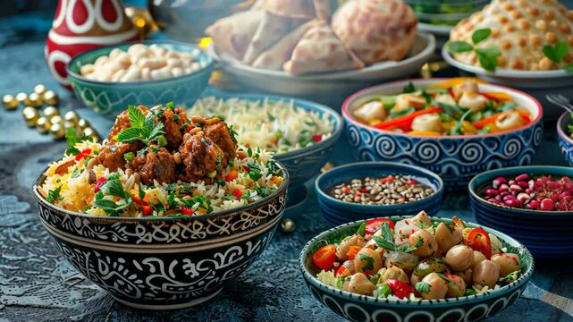 Traditional indian pilaf served in a decorative bowl with various other dishes for a cultural feast or iftar on a dark background, food footage.