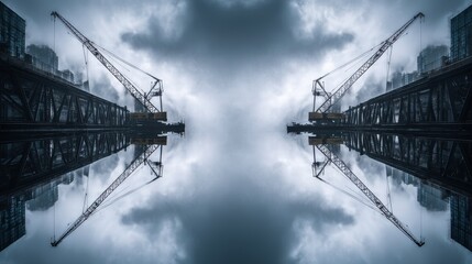 Symmetrical framing of two cranes crossing like swords over a cloudy skyline