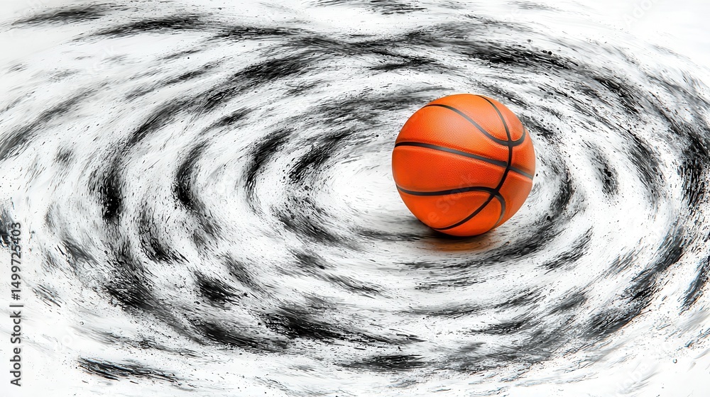 Poster a basketball rests at the center of a swirling black and white abstract pattern, creating a dynamic 