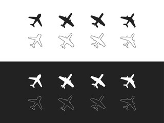 Obraz premium Airplane icon set. Aircraft vector sign. Airport arrival departure symbol. Plane icon set. Flight transport symbol. Airplane icon vector. Travel symbol.