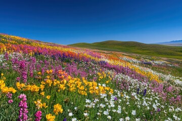 Fototapeta premium Colorful flower field under blue sky on a white background