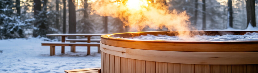 A cozy hot tub surrounded by snow-covered trees during a serene winter sunset.