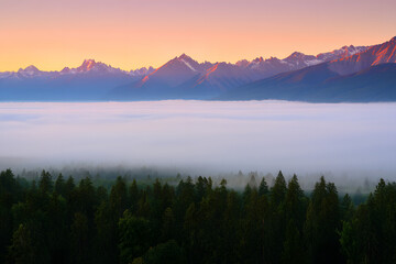 Pink and Orange Sunset Over Foggy Mountain Landscape